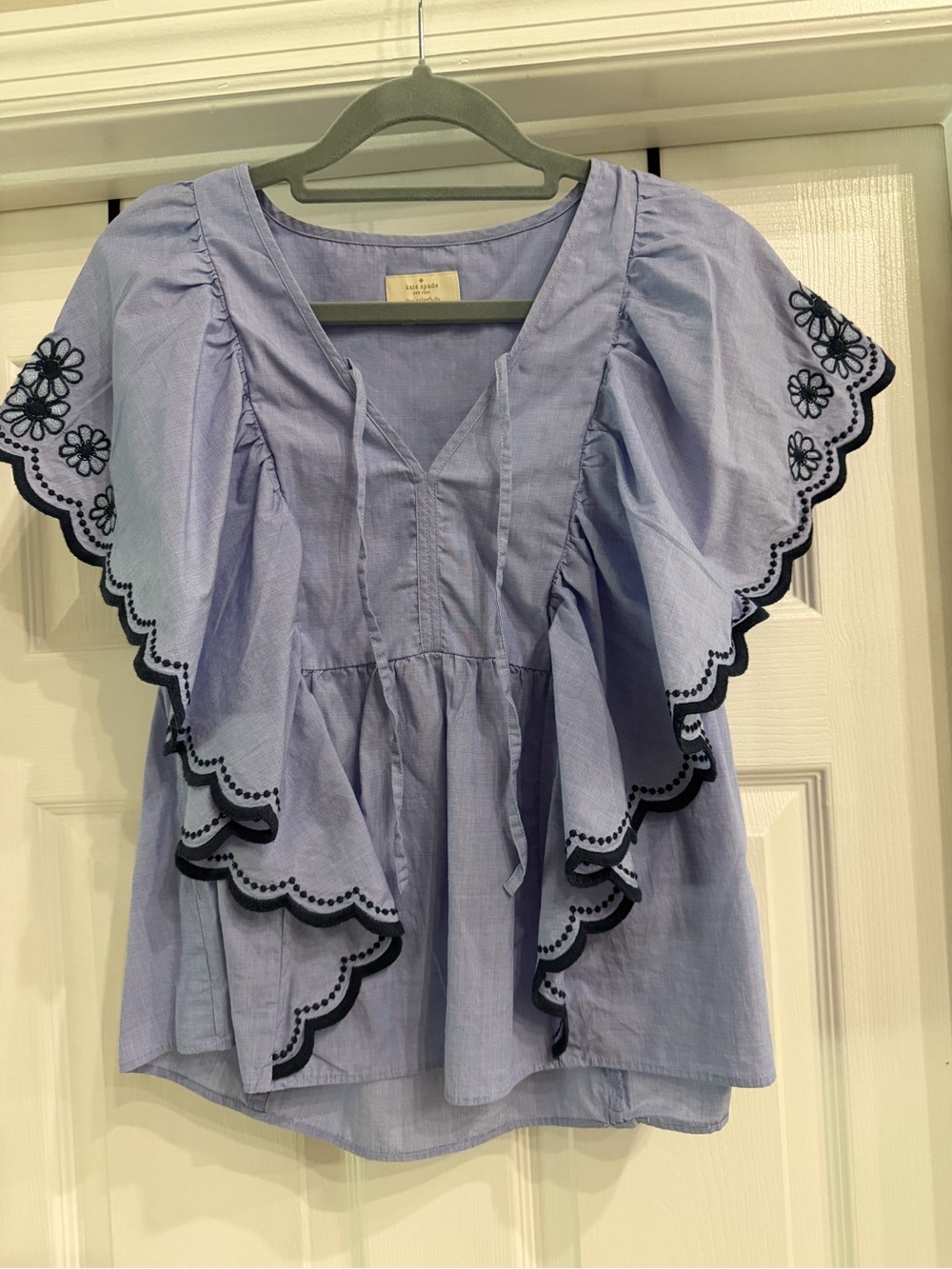 kate spade Light Periwinkle Scalloped Flutter Sleeve Blouse with Navy Trim